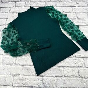 Almost Famous Mock Neck Sheer Flower Sleeve Dark Green Romantic Sweater Large